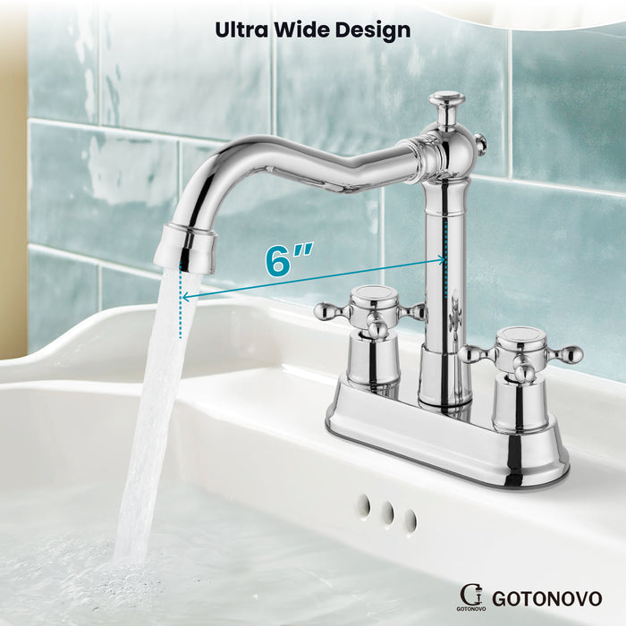 gotonovo 4 Inch Centerset Bathroom Sink Faucet 2 Hole Brass 2 Double Cross Handles Vanity Deck Mounted Mixer Tap Basin Lavatory Faucet Include Water Hose with Pop Up Drain