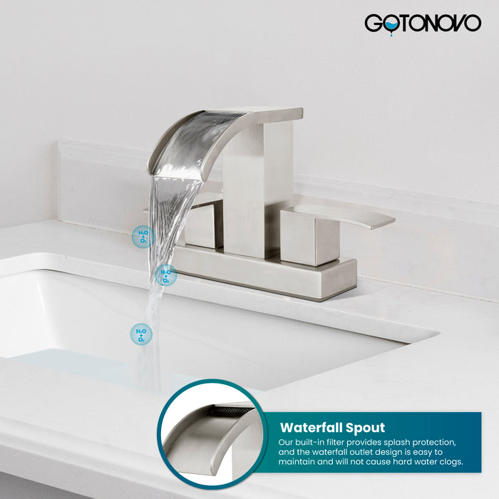 gotonovo Waterfall 4 Inch Centerset Bathroom Sink Faucet 2 Handle Basin Faucets 2 or 3 Hole Deck Mount with Pop Up Drain Included Lavatory Modern Mixer Tap Vanity Faucet