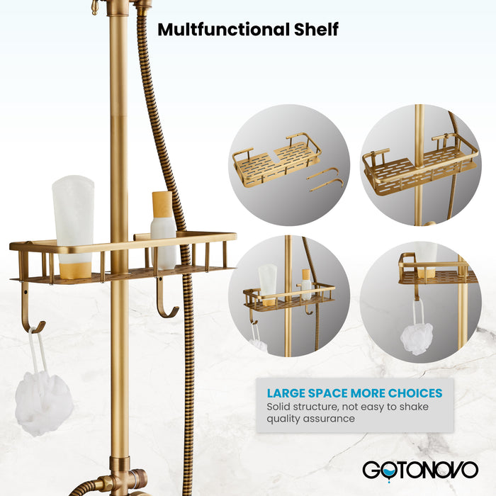 gotonovo Exposed Bathroom Shower Faucet Wall Mounted Shower System Dual Functions 8 inch Wall Mounted with Shower Shelf Double Cross Handles Adjustable Handheld Sprayer
