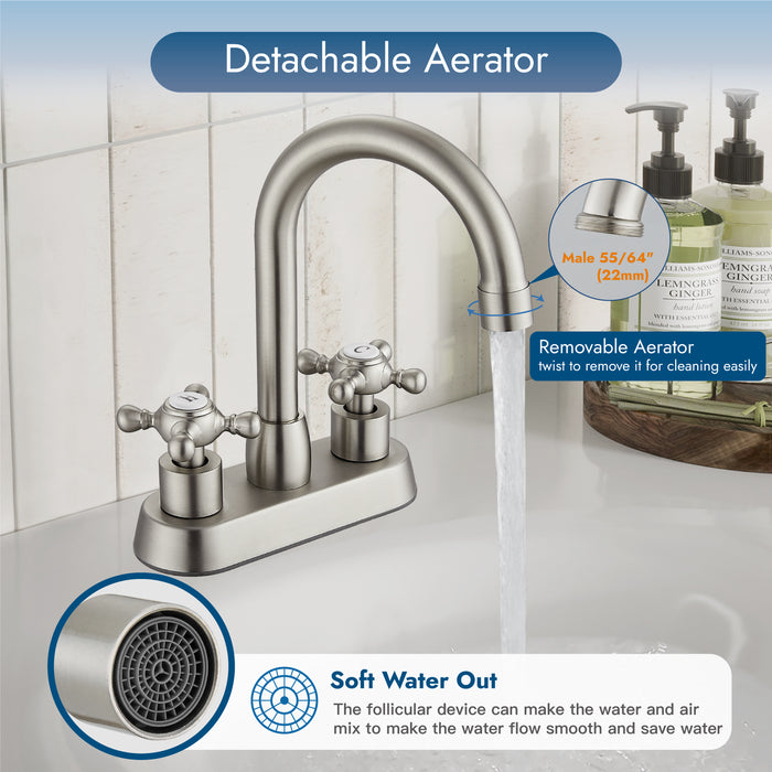 4 Inch centerset Bathroom Faucet Double Cross Handle Vanity Faucet 360° Swivel Spout Deck Mounted Mixer Tap with Pop up Drain Water Supply Hoses