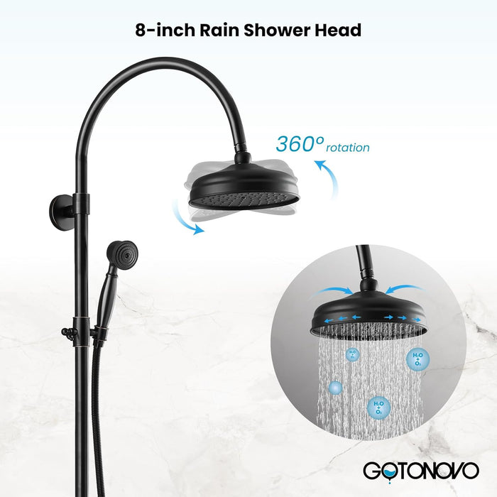 gotonovo Exposed Bathroom Shower System Classic Shower Kit 8 Inch Luxurious Rainfall Shower Head Handheld Spray Tub Filler Brass Pipe 3-Function Wall Mount Double Cross Knobs