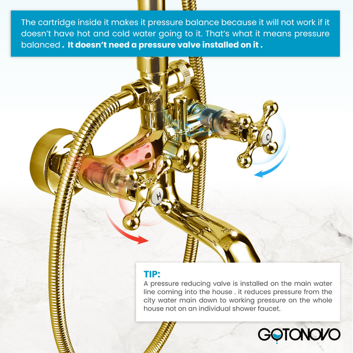 gotonovo Exposed Bathroom Shower System Classic Shower Kit 8 Inch Luxurious Rainfall Shower Head Handheld Spray Tub Filler Brass Pipe 3-Function Wall Mount Double Cross Knobs