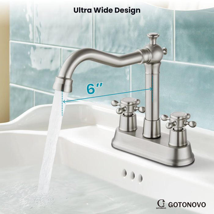 gotonovo 4 Inch Centerset Bathroom Sink Faucet 2 Hole Brass 2 Double Cross Handles Vanity Deck Mounted Mixer Tap Basin Lavatory Faucet Include Water Hose with Pop Up Drain
