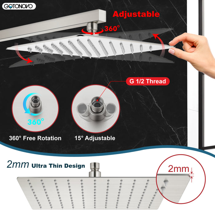gotonovo Rainfall Shower Head 10 Inch Stainless Steel Square Rainfall  High Pressure Bath Rain Showerhead 1/16" Ultra Thin Waterfall Full Body Coverage with Silicone Nozzle