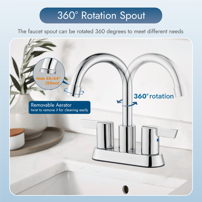 Bathroom Faucet 2 Handle Centerset Bathroom Sink Faucet 4 Inch Bathroom Faucets 360°Swivel Spout Deck Mounted Lavatory Vanity Faucet Mixer Tap with Pop Up Drain