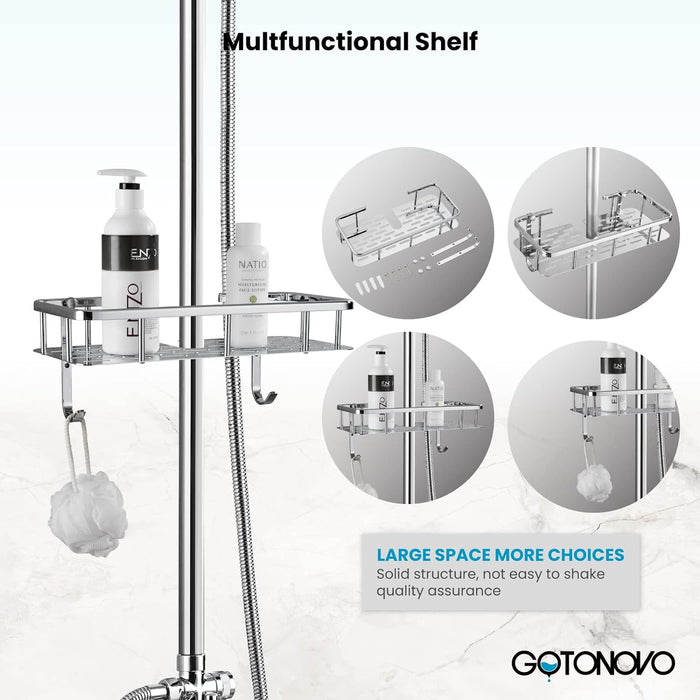 gotonovo Exposed Bathroom Shower Faucet Wall Mounted Shower System Dual Functions 8 inch Wall Mounted with Shower Shelf Double Cross Handles Adjustable Handheld Sprayer