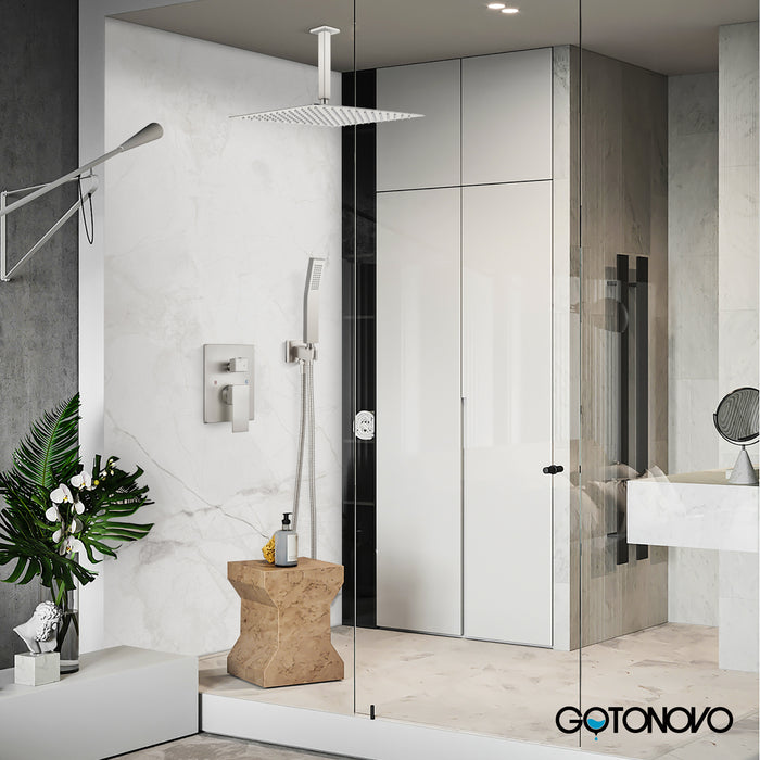 gotonovo Rain Shower System Ceiling Mount 12 Inch Shower Head with Handheld Spray Luxury High Pressure Shower Combo Set Rough-in Valve and Shower Trim Included Dual Function