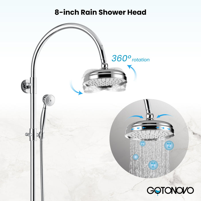 gotonovo Exposed Bathroom Shower System Classic Shower Kit 8 Inch Luxurious Rainfall Shower Head Handheld Spray Tub Filler Brass Pipe 3-Function Wall Mount Double Cross Knobs