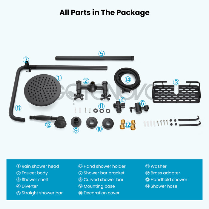 gotonovo Exposed Bathroom Shower Faucet Wall Mounted Shower System Dual Functions 8 inch Wall Mounted with Shower Shelf Double Cross Handles Adjustable Handheld Sprayer