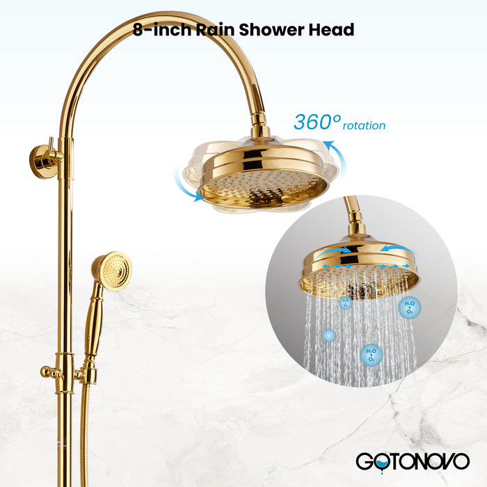 gotonovo Exposed Bathroom Shower System Classic Shower Kit 8 Inch Luxurious Rainfall Shower Head Handheld Spray Tub Filler Brass Pipe 3-Function Wall Mount Double Cross Knobs