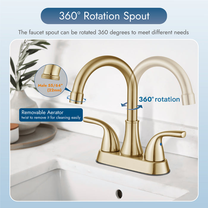 4 Inch Bathroom Sink Faucet 2 Handle Bathroom Faucet 360° Swivel Spout Deck Mounted Vanity Faucet with Water Supply Hoses with Pop up Drain