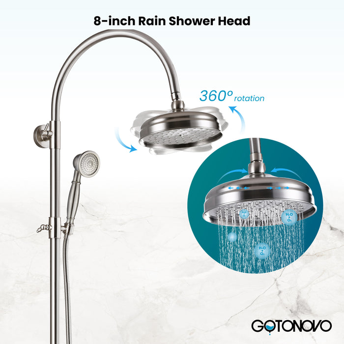 gotonovo Exposed Bathroom Shower System Classic Shower Kit 8 Inch Luxurious Rainfall Shower Head Handheld Spray Tub Filler Brass Pipe 3-Function Wall Mount Double Cross Knobs