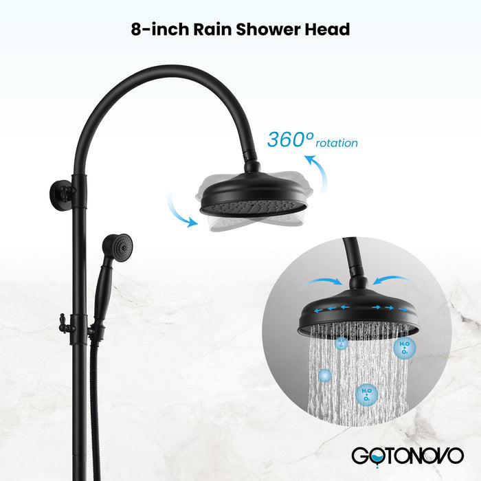 gotonovo Exposed Bathroom Shower System Classic Shower Kit 8 Inch Luxurious Rainfall Shower Head Handheld Spray Tub Filler Brass Pipe 3-Function Wall Mount Double Cross Knobs