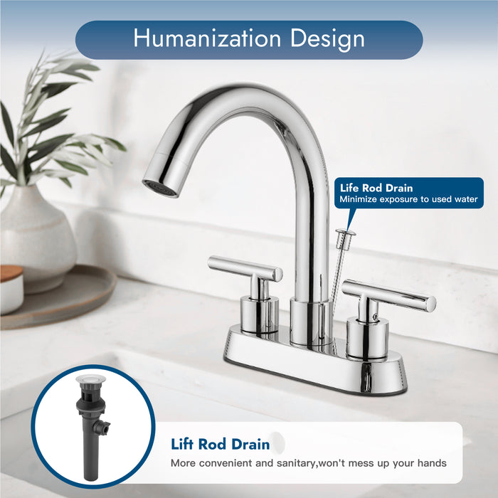 4 Inch Centerset Bathroom Faucets with Lift Rod Drain Stopper Bathroom Sink Faucet 3 Holes Dual Handle Vanity Faucet 360° Swivel Spout Lavatory RV Faucet Mixer Tap
