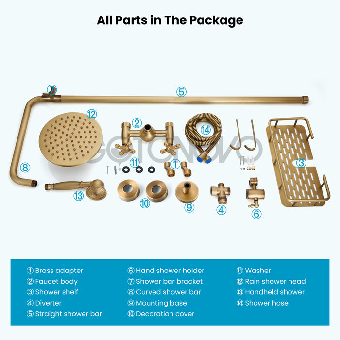 gotonovo Exposed Bathroom Shower Faucet Wall Mounted Shower System Dual Functions 8 inch Wall Mounted with Shower Shelf Double Cross Handles Adjustable Handheld Sprayer