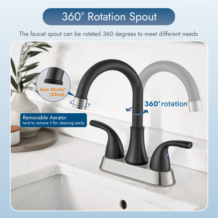 4 Inch Bathroom Sink Faucet 2 Handle Bathroom Faucet 360° Swivel Spout Deck Mounted Vanity Faucet with Water Supply Hoses with Pop up Drain
