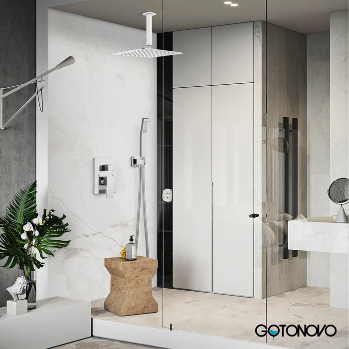 gotonovo Rain Shower System Ceiling Mount 12 Inch Shower Head with Handheld Spray Luxury High Pressure Shower Combo Set Rough-in Valve and Shower Trim Included Dual Function