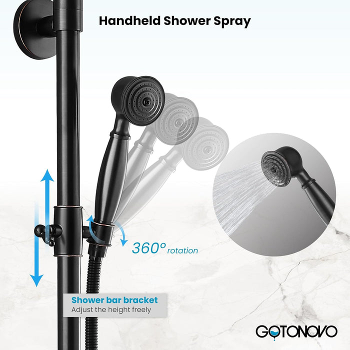 gotonovo Bathroom Classic Exposed Shower Faucet Wall Mount Shower System 8 Inch Luxurious Rainfall Shower Head Set with Tub Spout and Handheld Spray Double Cross Handles
