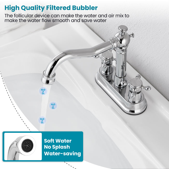 gotonovo 4 Inch Centerset Bathroom Sink Faucet 2 Hole Brass 2 Double Cross Handles Vanity Deck Mounted Mixer Tap Basin Lavatory Faucet Include Water Hose with Pop Up Drain