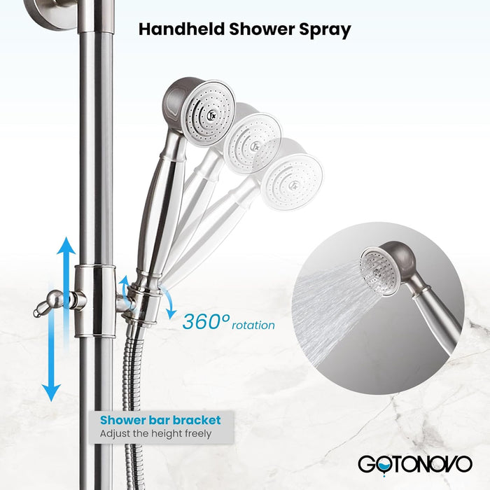 gotonovo Bathroom Classic Exposed Shower Faucet Wall Mount Shower System 8 Inch Luxurious Rainfall Shower Head Set with Tub Spout and Handheld Spray Double Cross Handles
