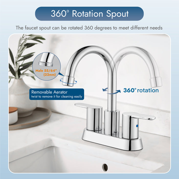 Bathroom Faucet 4 Inch Centerset Bathroom Sink Faucet, Double Handle Bathroom Faucets 360 Degree Swivel Spout Deck Mounted Lavatory Vanity Faucet Mixer Tap with Pop Up Drain
