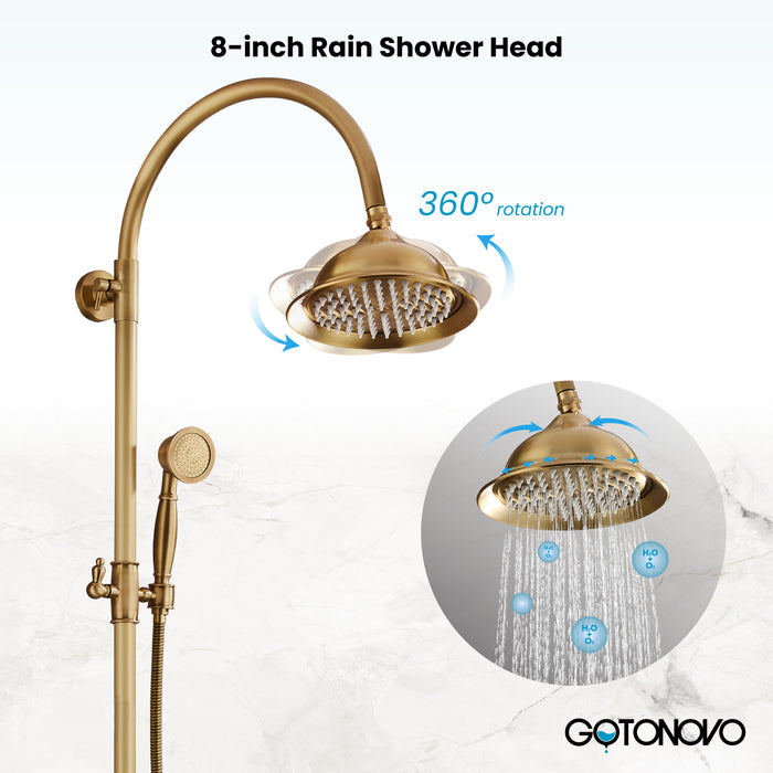 gotonovo Bathroom Classic Exposed Shower Faucet Wall Mount Shower System 8 Inch Luxurious Rainfall Shower Head Set with Tub Spout and Handheld Spray Double Cross Handles