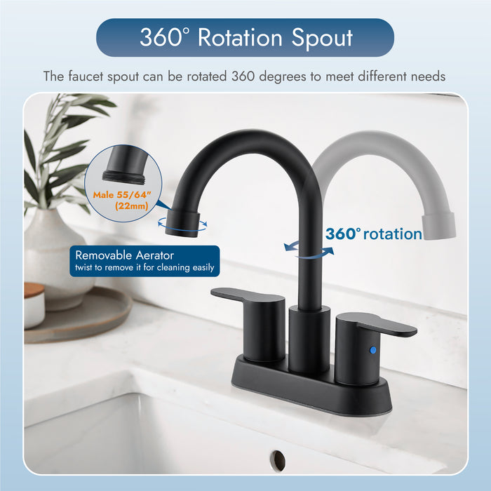 Bathroom Faucet 4 Inch Centerset Bathroom Sink Faucet, Double Handle Bathroom Faucets 360 Degree Swivel Spout Deck Mounted Lavatory Vanity Faucet Mixer Tap with Pop Up Drain