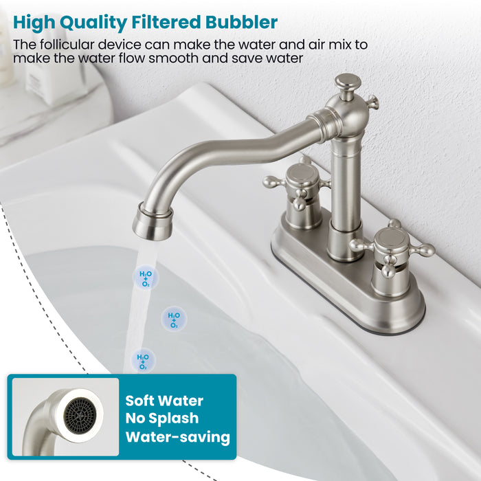 gotonovo 4 Inch Centerset Bathroom Sink Faucet 2 Hole Brass 2 Double Cross Handles Vanity Deck Mounted Mixer Tap Basin Lavatory Faucet Include Water Hose with Pop Up Drain