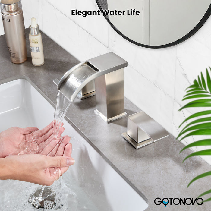 gotonovo Waterfall 8 inch Widespread Bathroom Faucet Set Bathroom Sink Faucet 3 Hole 2 Handle Vanity Lavatory Deck Mount with Pop Up Drain and Water Supply Lines