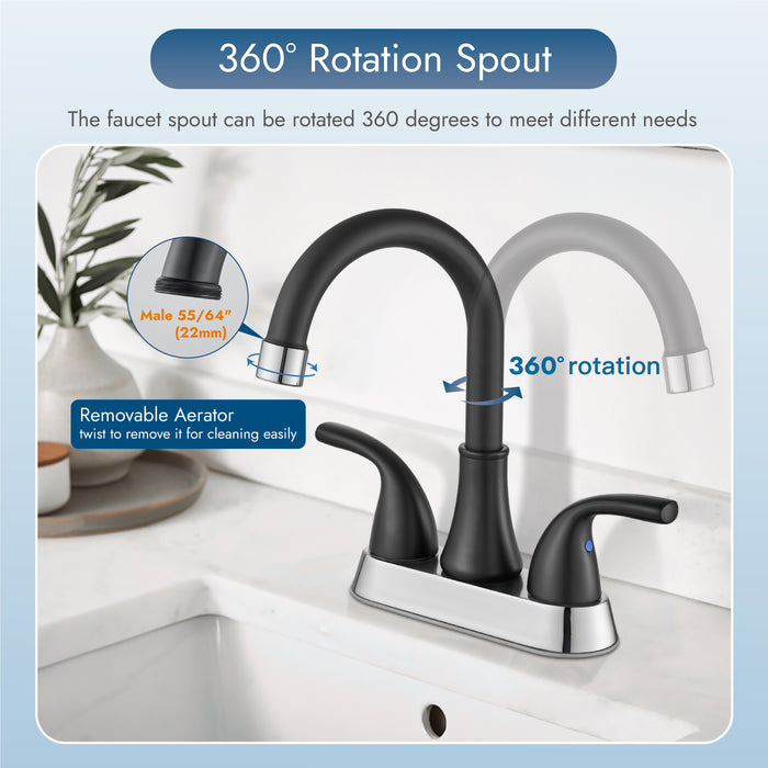 4 Inch Bathroom Sink Faucet 2 Handle Bathroom Faucet 360° Swivel Spout Deck Mounted Vanity Faucet with Water Supply Hoses with Pop up Drain
