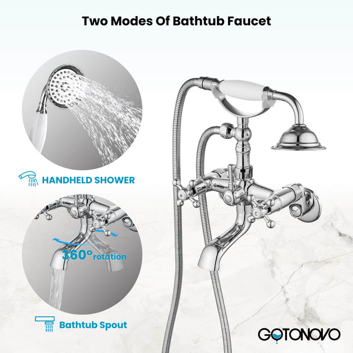 gotonovo Clawfoot Bathtub Faucet Tub Filler with Hand Held Shower Faucet Set Victorian Double Cross Handle 6 Inch Center Adjustable Swing Arms Tub Mount Short Adapter