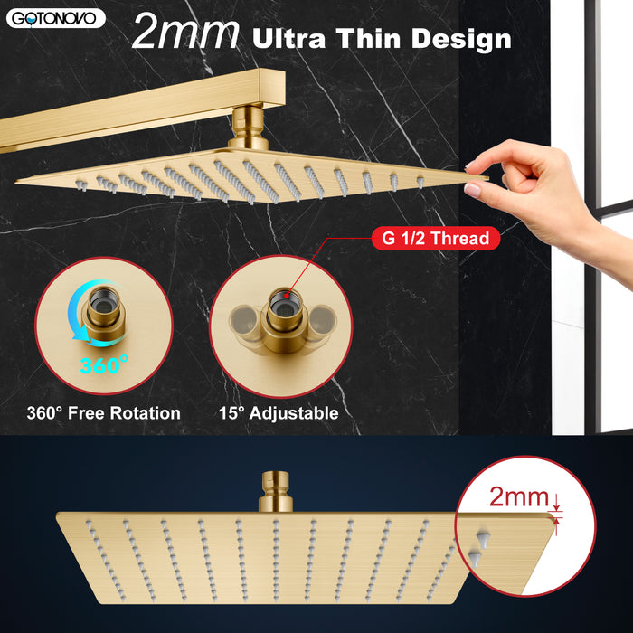gotonovo Rainfall Shower Head 10 Inch Stainless Steel Square Rainfall  High Pressure Bath Rain Showerhead 1/16" Ultra Thin Waterfall Full Body Coverage with Silicone Nozzle