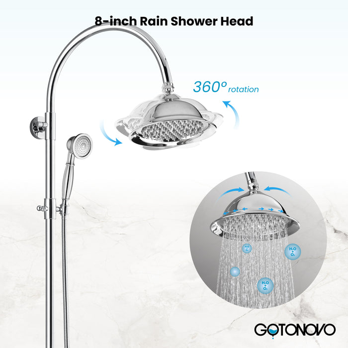 gotonovo Bathroom Classic Exposed Shower Faucet Wall Mount Shower System 8 Inch Luxurious Rainfall Shower Head Set with Tub Spout and Handheld Spray Double Cross Handles