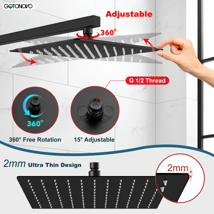 gotonovo Rainfall Shower Head 10 Inch Stainless Steel Square Rainfall  High Pressure Bath Rain Showerhead 1/16" Ultra Thin Waterfall Full Body Coverage with Silicone Nozzle