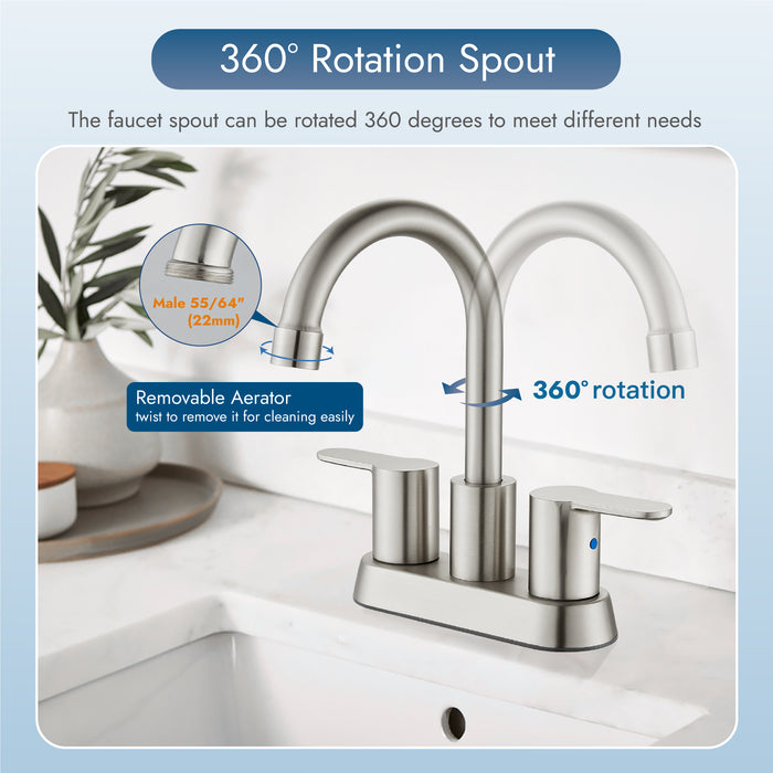 Bathroom Faucet 4 Inch Centerset Bathroom Sink Faucet, Double Handle Bathroom Faucets 360 Degree Swivel Spout Deck Mounted Lavatory Vanity Faucet Mixer Tap with Pop Up Drain