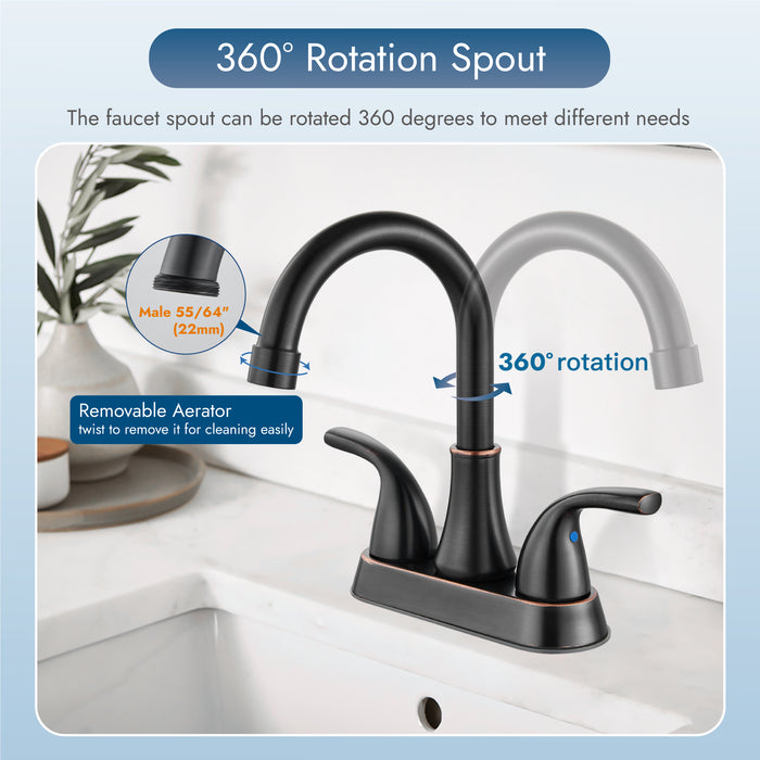 4 Inch Bathroom Sink Faucet 2 Handle Bathroom Faucet 360° Swivel Spout Deck Mounted Vanity Faucet with Water Supply Hoses with Pop up Drain