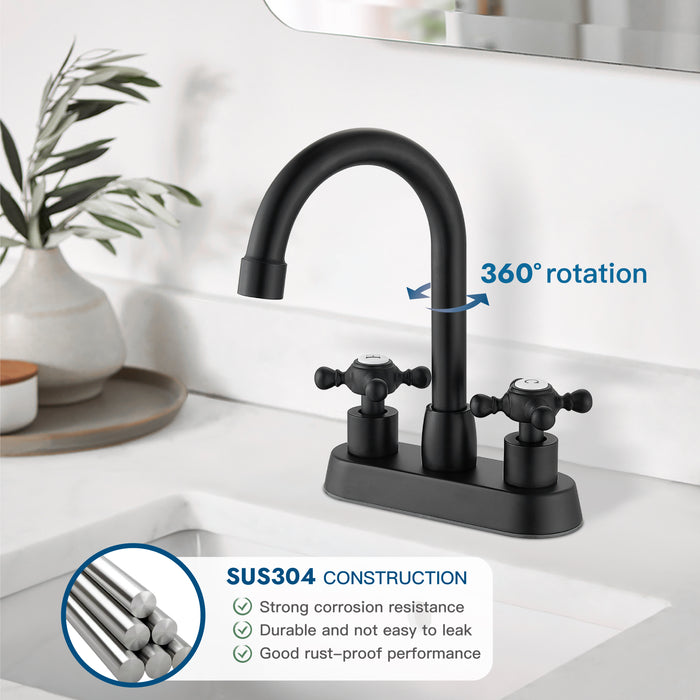 4 Inch centerset Bathroom Faucet Double Cross Handle Vanity Faucet 360° Swivel Spout Deck Mounted Mixer Tap with Pop up Drain Water Supply Hoses