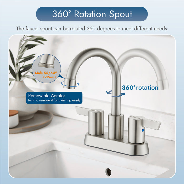 Bathroom Faucet 2 Handle Centerset Bathroom Sink Faucet 4 Inch Bathroom Faucets 360°Swivel Spout Deck Mounted Lavatory Vanity Faucet Mixer Tap with Pop Up Drain