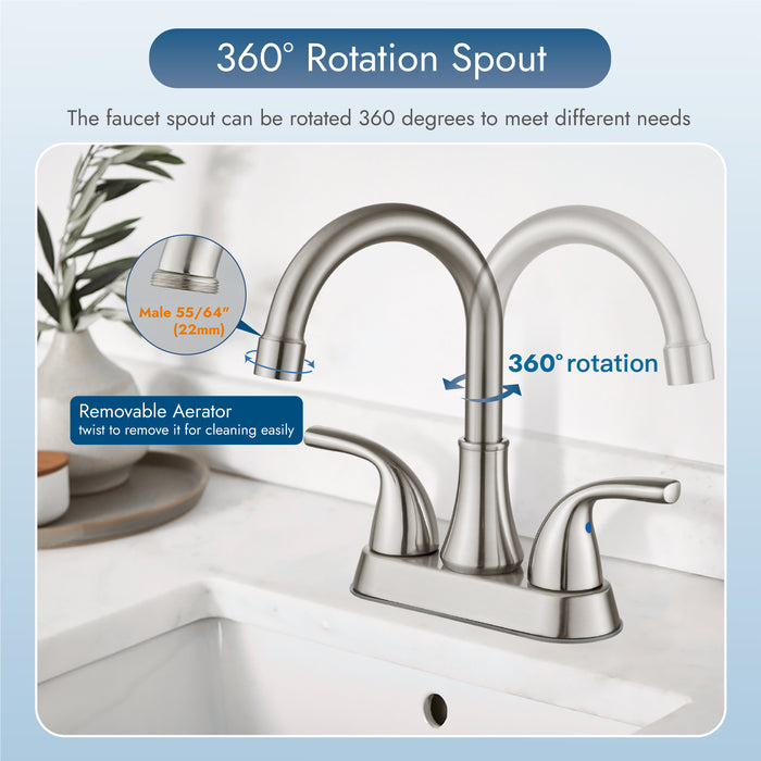 4 Inch Bathroom Sink Faucet 2 Handle Bathroom Faucet 360° Swivel Spout Deck Mounted Vanity Faucet with Water Supply Hoses with Pop up Drain