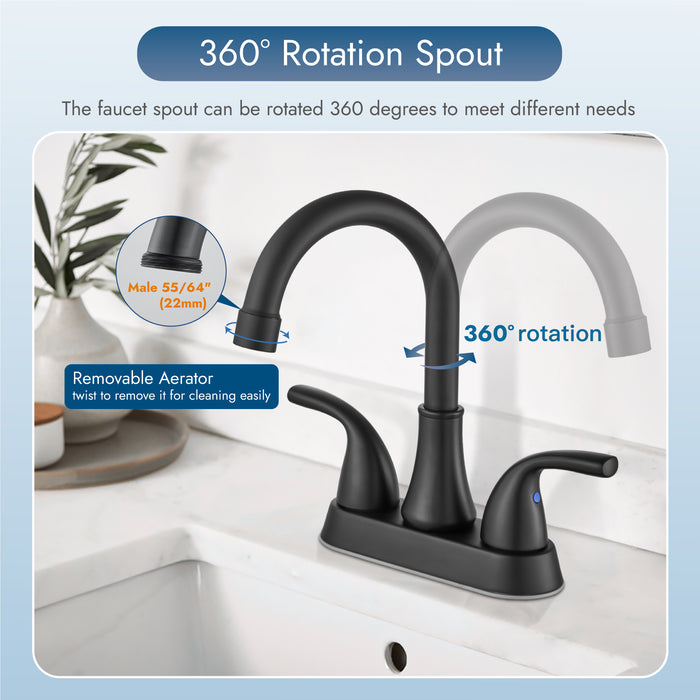 4 Inch Bathroom Sink Faucet 2 Handle Bathroom Faucet 360° Swivel Spout Deck Mounted Vanity Faucet with Water Supply Hoses with Pop up Drain