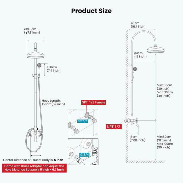 gotonovo Exposed Bathroom Shower System Classic Shower Kit 8 Inch Luxurious Rainfall Shower Head Handheld Spray Tub Filler Brass Pipe 3-Function Wall Mount Double Cross Knobs