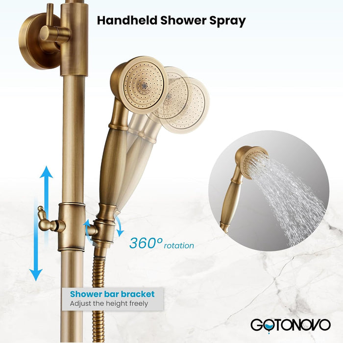 gotonovo Exposed Bathroom Tub Shower Faucet Set with Shower Shelf 8 inch Rainfall Shower Head with Handheld Spray with Tub Spout Shower System 3 Function Wall Mounted Double Cross Handle