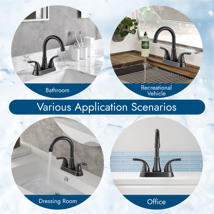 4 Inch Bathroom Sink Faucet 2 Handle Bathroom Faucet 360° Swivel Spout Deck Mounted Vanity Faucet with Water Supply Hoses with Pop up Drain