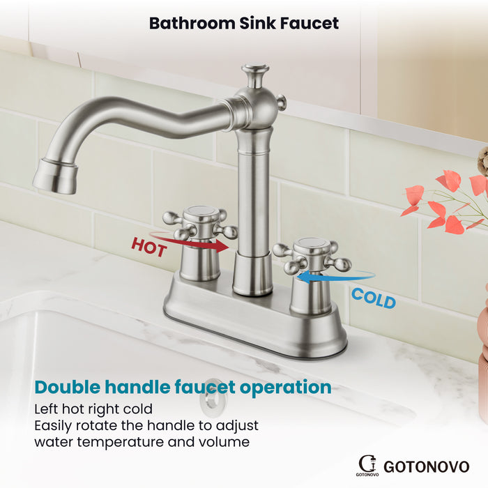 gotonovo 4 Inch Centerset Bathroom Sink Faucet 2 Hole Brass 2 Double Cross Handles Vanity Deck Mounted Mixer Tap Basin Lavatory Faucet Include Water Hose with Pop Up Drain