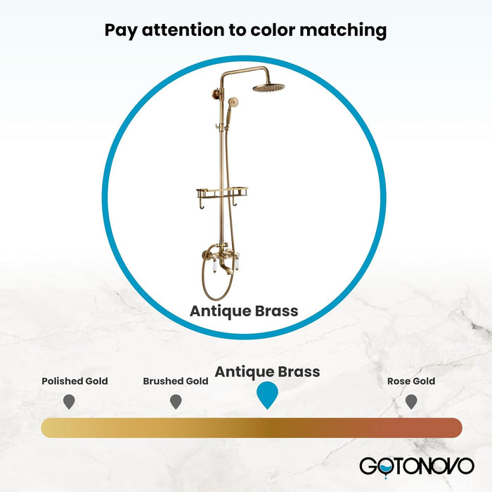 gotonovo Exposed Bathroom Tub Shower Faucet Set Shower System with Shower Shelf 8 inch Rainfall Shower Head with Handheld Sprayer with Tub Spout Wall Mounted Antique Brass Modern Shower Head