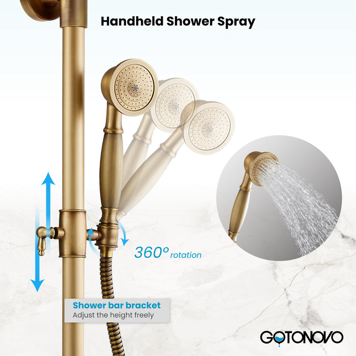 gotonovo Exposed Bathroom Shower Faucet Wall Mounted Shower System Dual Functions 8 inch Wall Mounted with Shower Shelf Double Cross Handles Adjustable Handheld Sprayer