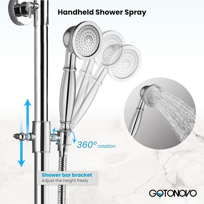 gotonovo Exposed Bathroom Shower Faucet Wall Mounted Shower System Dual Functions 8 inch Wall Mounted with Shower Shelf Double Cross Handles Adjustable Handheld Sprayer