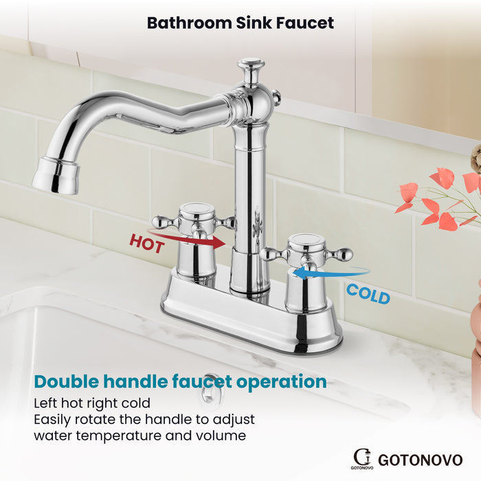 gotonovo 4 Inch Centerset Bathroom Sink Faucet 2 Hole Brass 2 Double Cross Handles Vanity Deck Mounted Mixer Tap Basin Lavatory Faucet Include Water Hose with Pop Up Drain