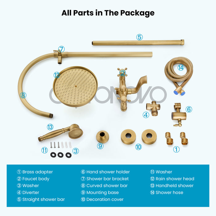 gotonovo Exposed Bathroom Shower System Classic Shower Kit 8 Inch Luxurious Rainfall Shower Head Handheld Spray Tub Filler Brass Pipe 3-Function Wall Mount Double Cross Knobs