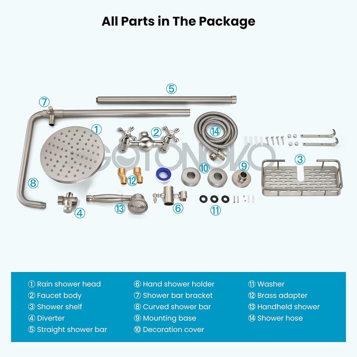 gotonovo Exposed Bathroom Shower Faucet Wall Mounted Shower System Dual Functions 8 inch Wall Mounted with Shower Shelf Double Cross Handles Adjustable Handheld Sprayer